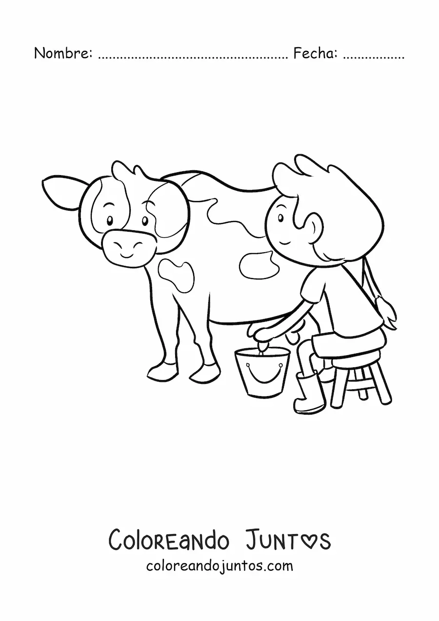 Imagen para colorear de niño granjero kawaii ordeñando a una vaca