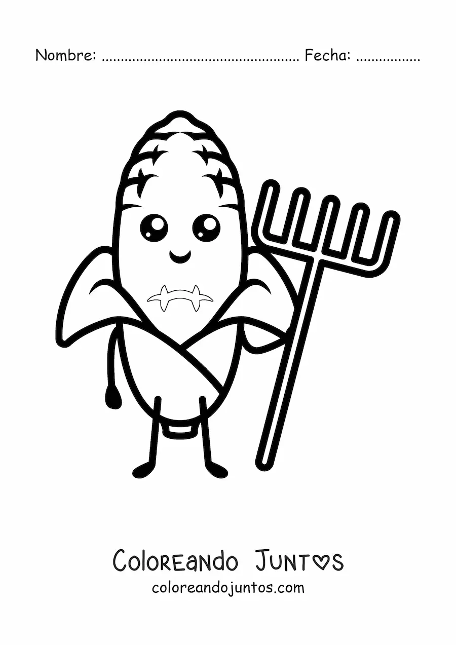 Imagen para colorear de maíz granjero animado kawaii