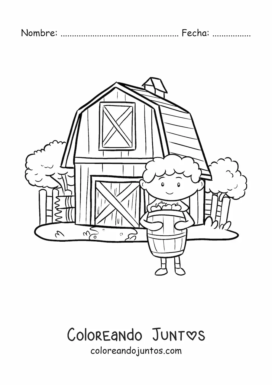 Imagen para colorear de niño granjero kawaii con un barril en la granja