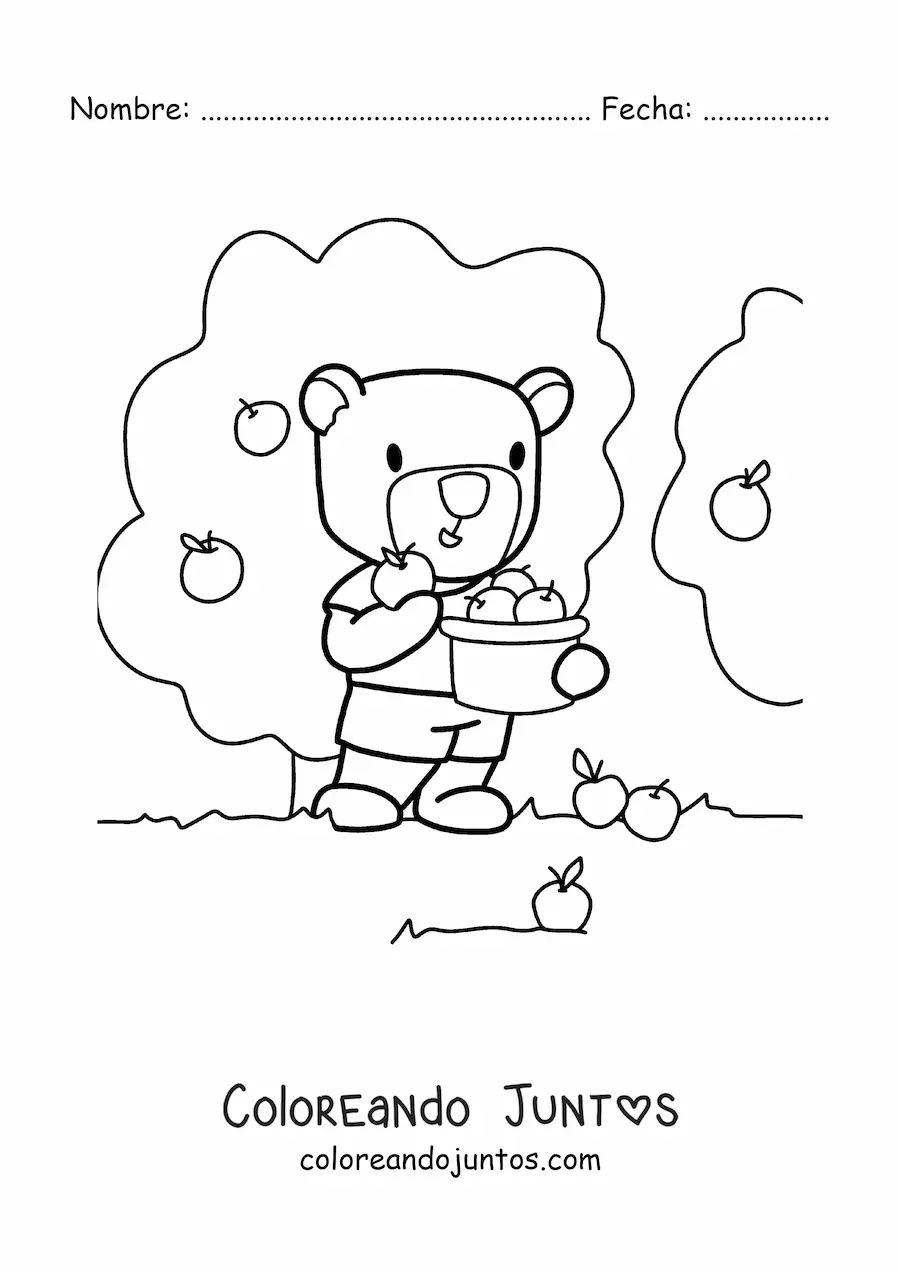 Imagen para colorear de oso kawaii animado cosechando manzanas de los árboles en una cesta