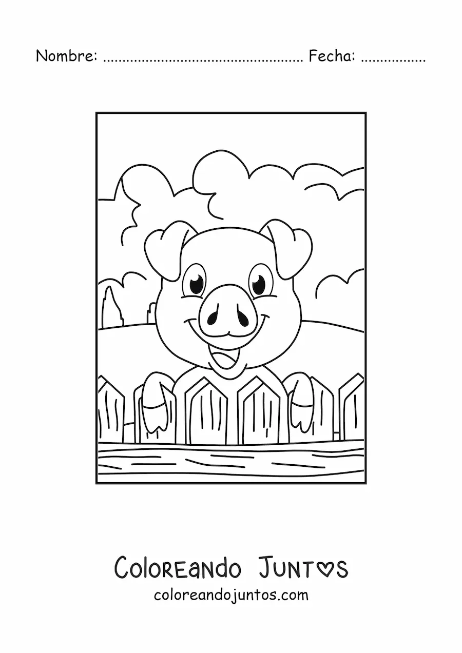 Imagen para colorear de cerdo animado en la granja