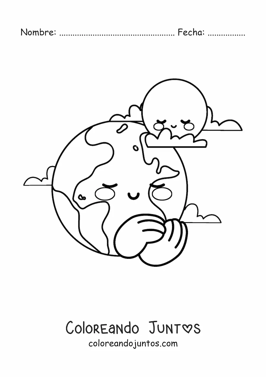 Imagen para colorear de planeta Tierra kawaii animado con la Luna
