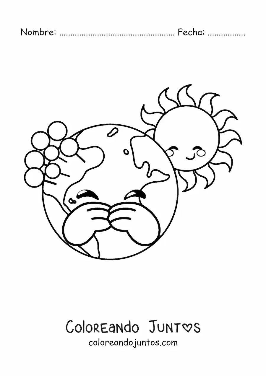Imagen para colorear de planeta Tierra kawaii animado con el Sol