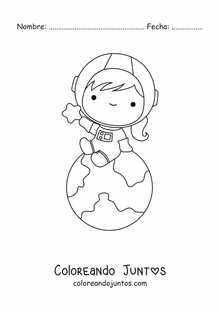 Imagen para colorear de niña astronauta kawaii sentada en el planeta Tierra