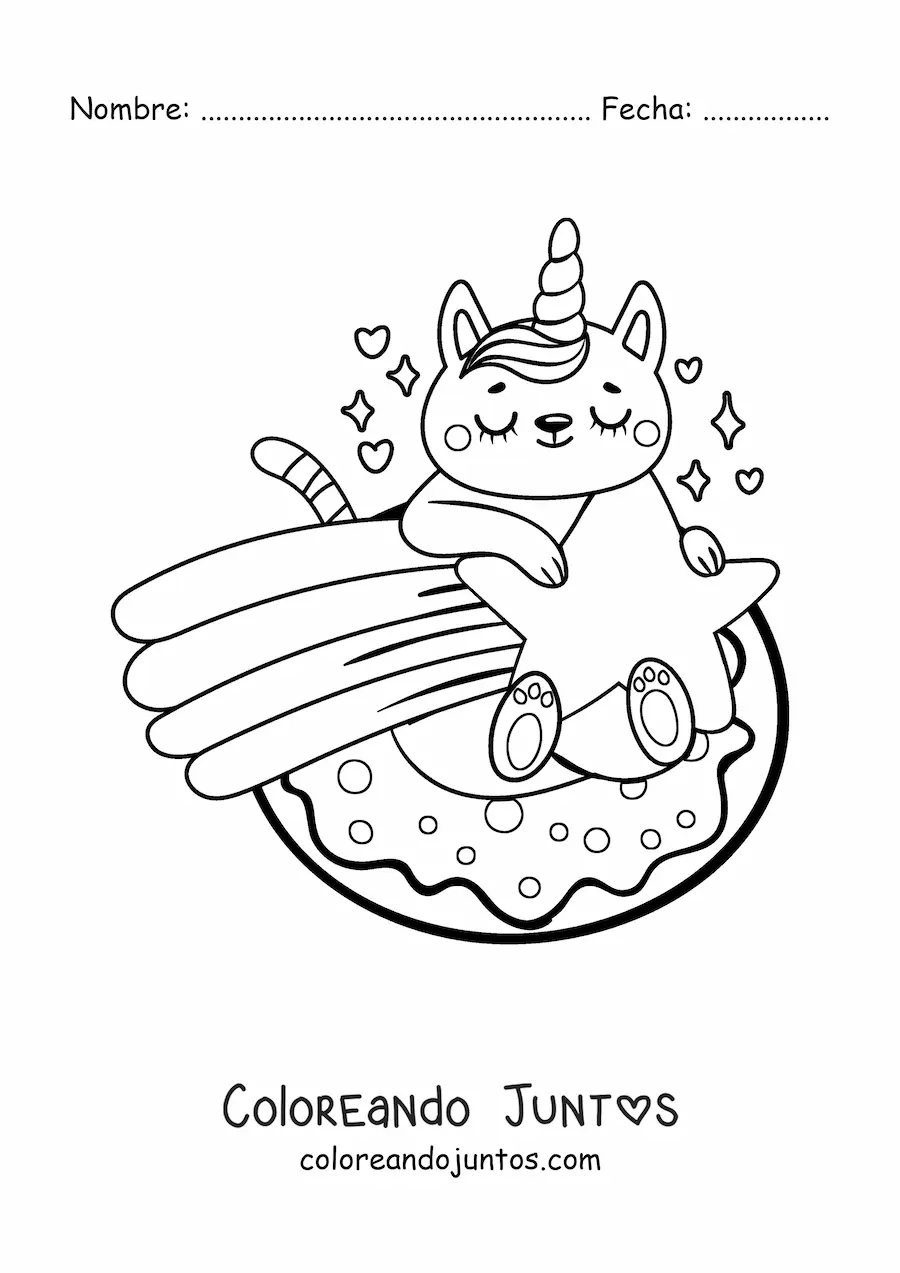 Imagen para colorear de gato unicornio en estrella fugaz