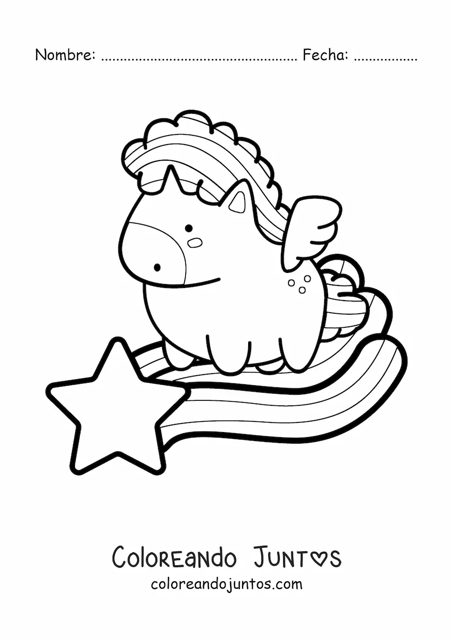 Imagen para colorear de pegaso kawaii sobre estrella fugaz