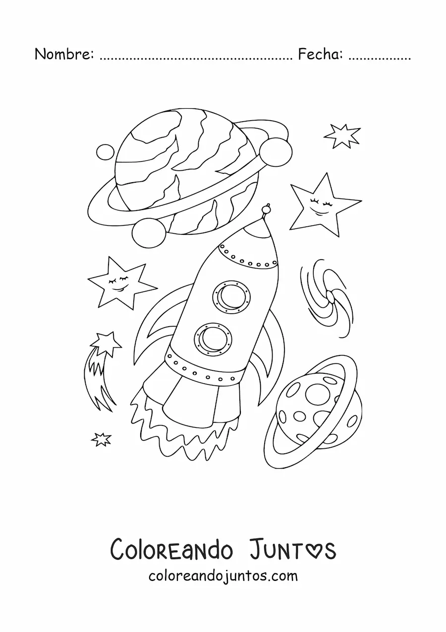Imagen para colorear de cohete y planetas