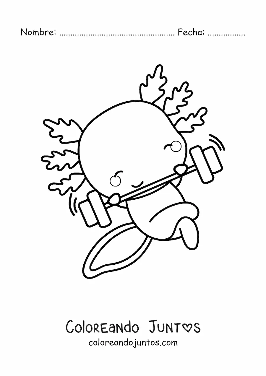Imagen para colorear de ajolote kawaii animado ejercitando con una pesa