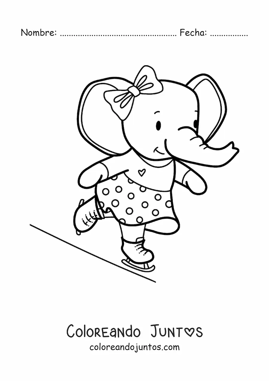 Imagen para colorear de elefante kawaii animada patinando sobre hielo
