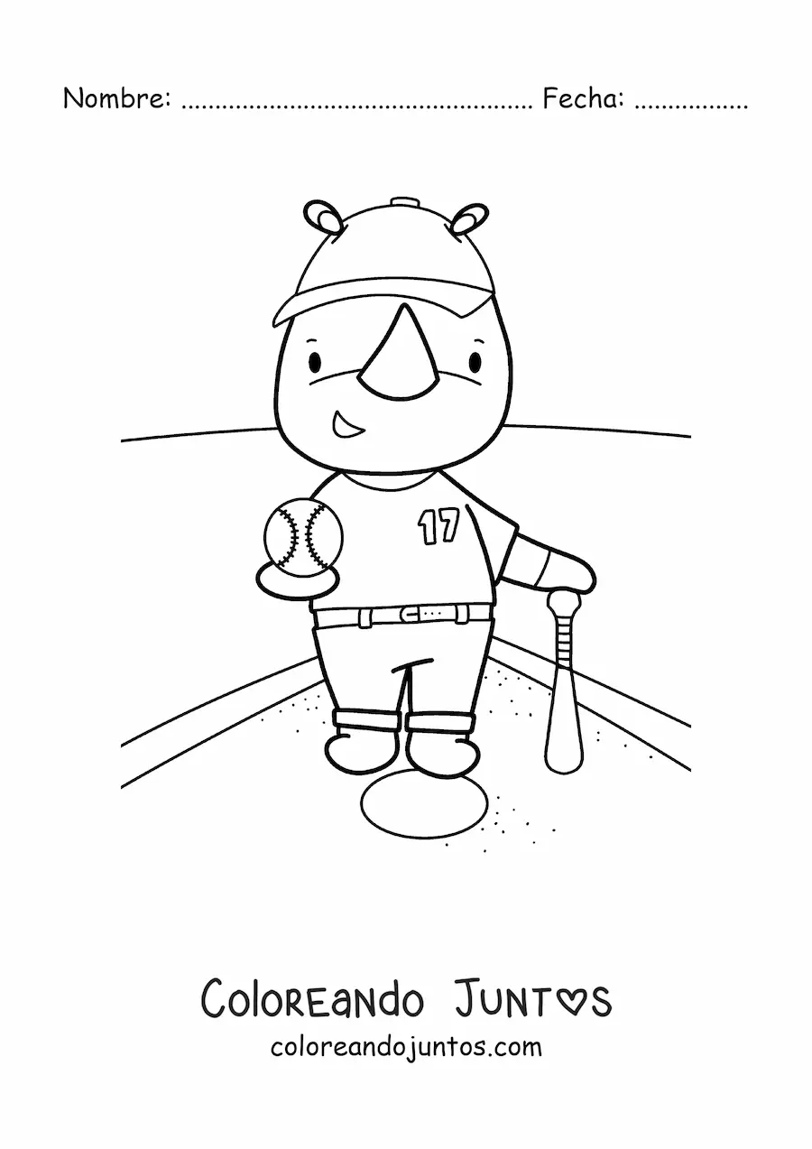 Imagen para colorear de rinoceronte kawaii animado jugando béisbol