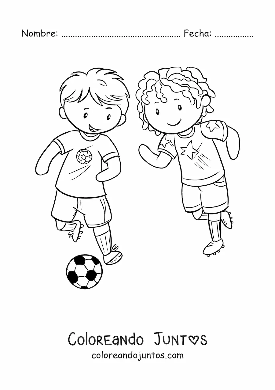 Imagen para colorear de niña y niño jugando fútbol