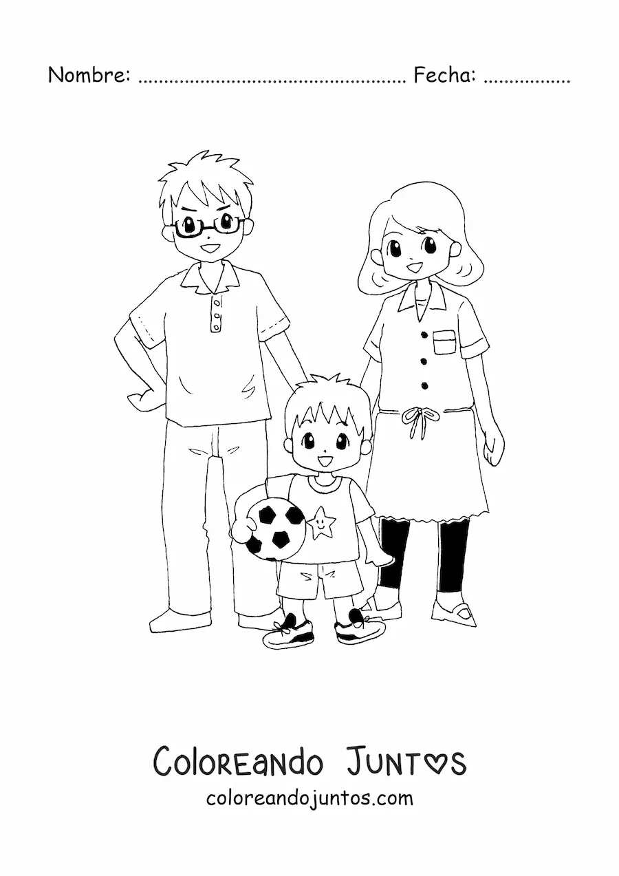 Imagen para colorear de niño futbolista con sus padres