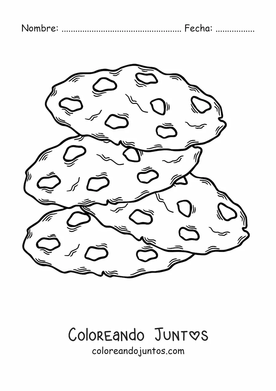 Imagen para colorear de cuatro galletas con chispas de chocolate, una encima de otra