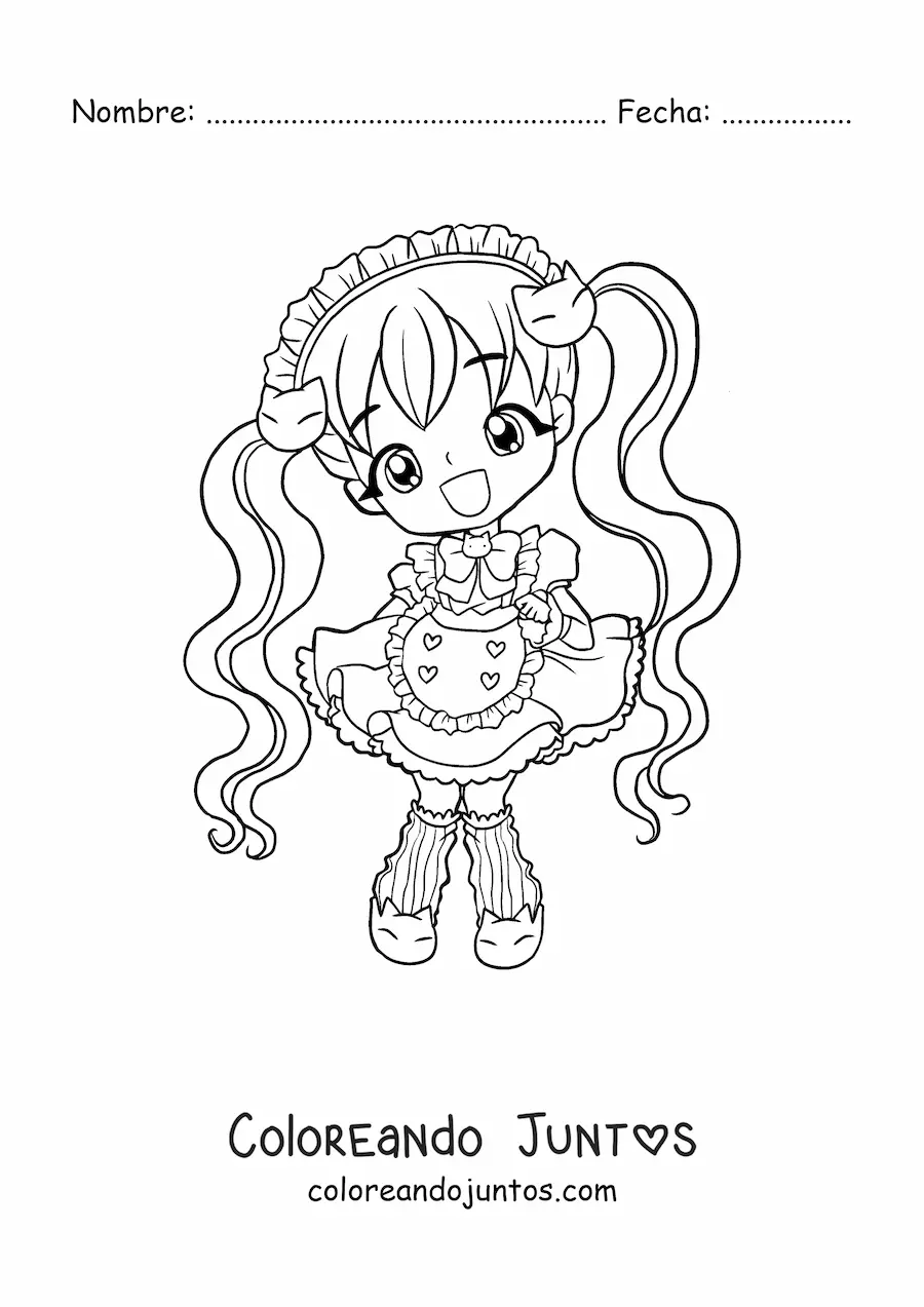 Imagen para colorear de chica fashion chibi con vestido de gatitos kawaii