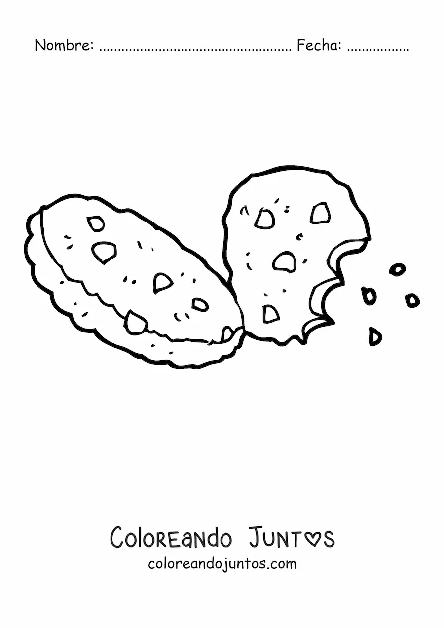 Imagen para colorear de dos galletas con chispas de chocolate y una mordida