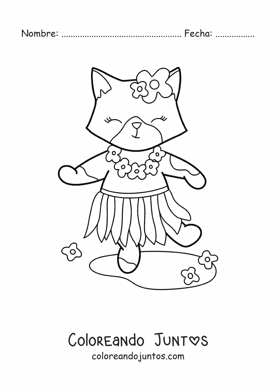 Imagen para colorear de gatita kawaii animada con falda de hawaii y flores