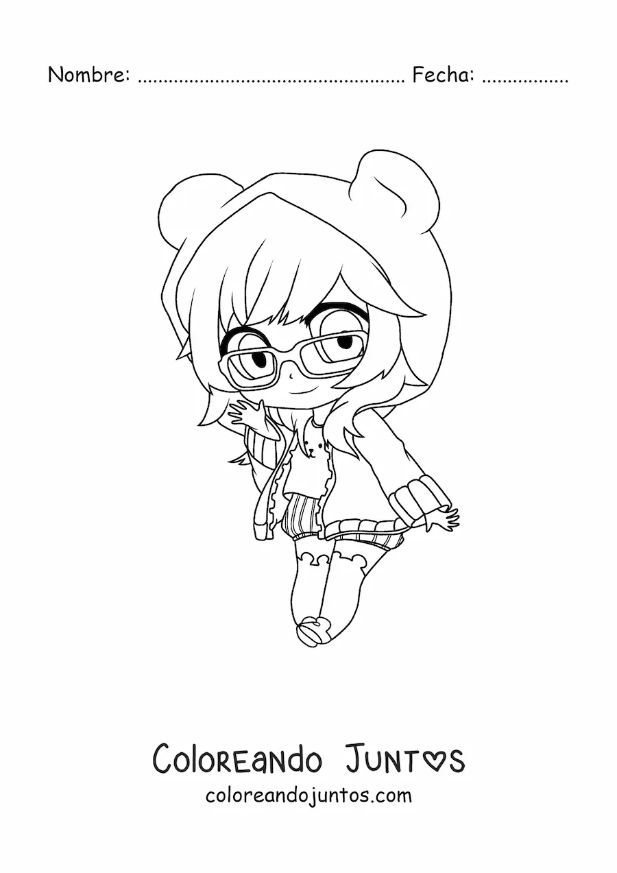 Imagen para colorear de chica nerd fashion kawaii chibi con lentes y sudadera