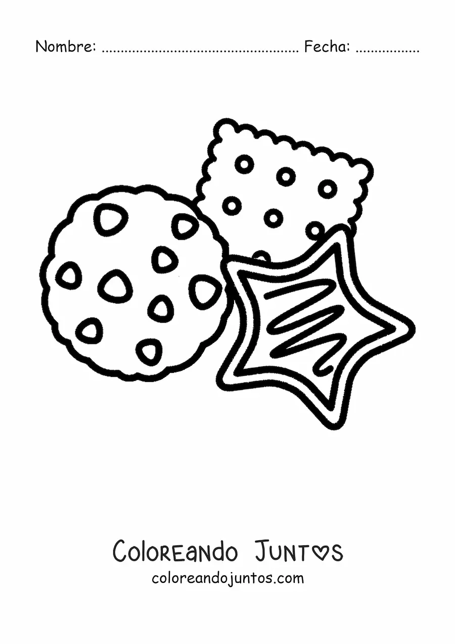 Imagen para colorear de galletas con forma de estrella, chispas de chocolate y una cuadrada