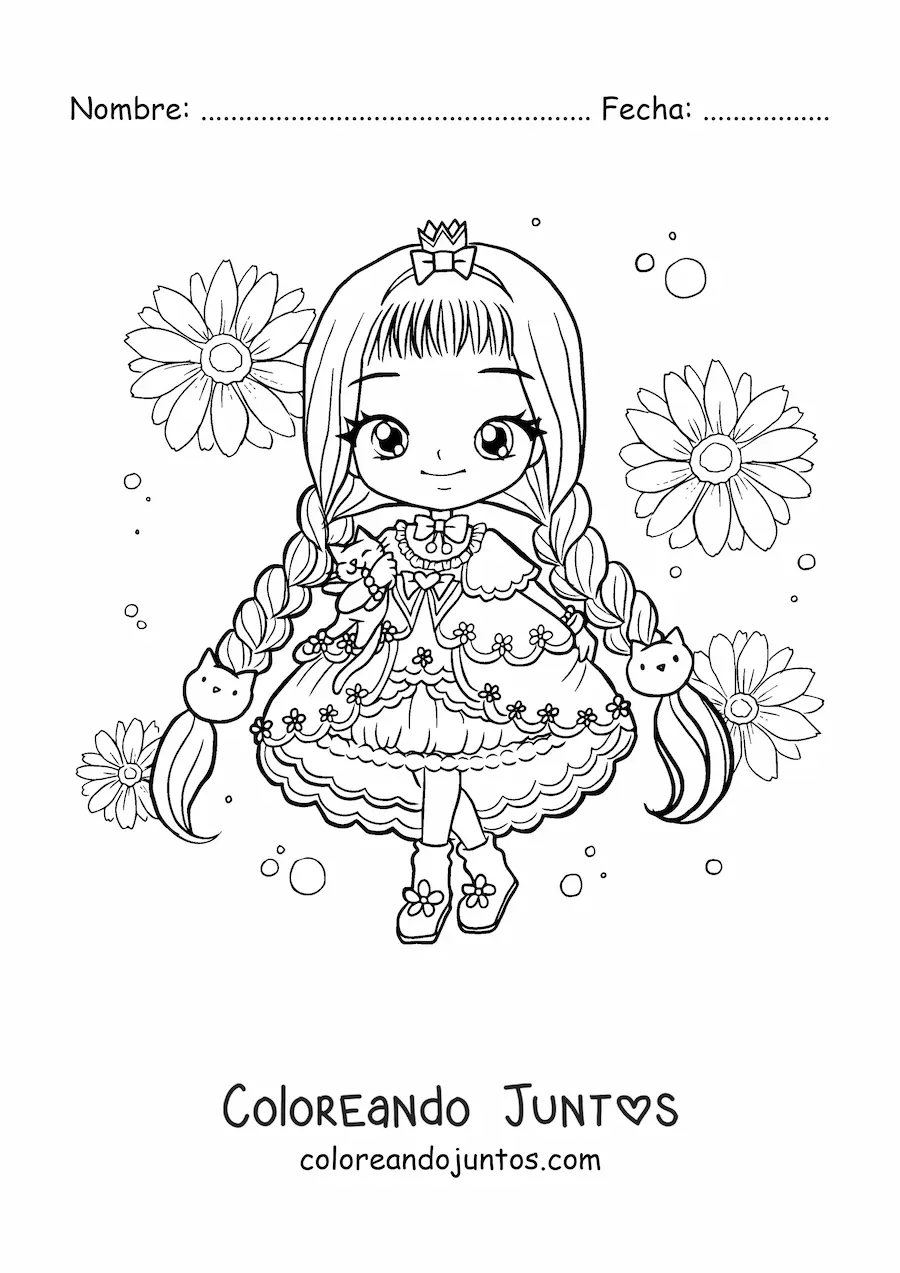 Imagen para colorear de chica fashion chibi con vestido de gatitos kawaii y flores