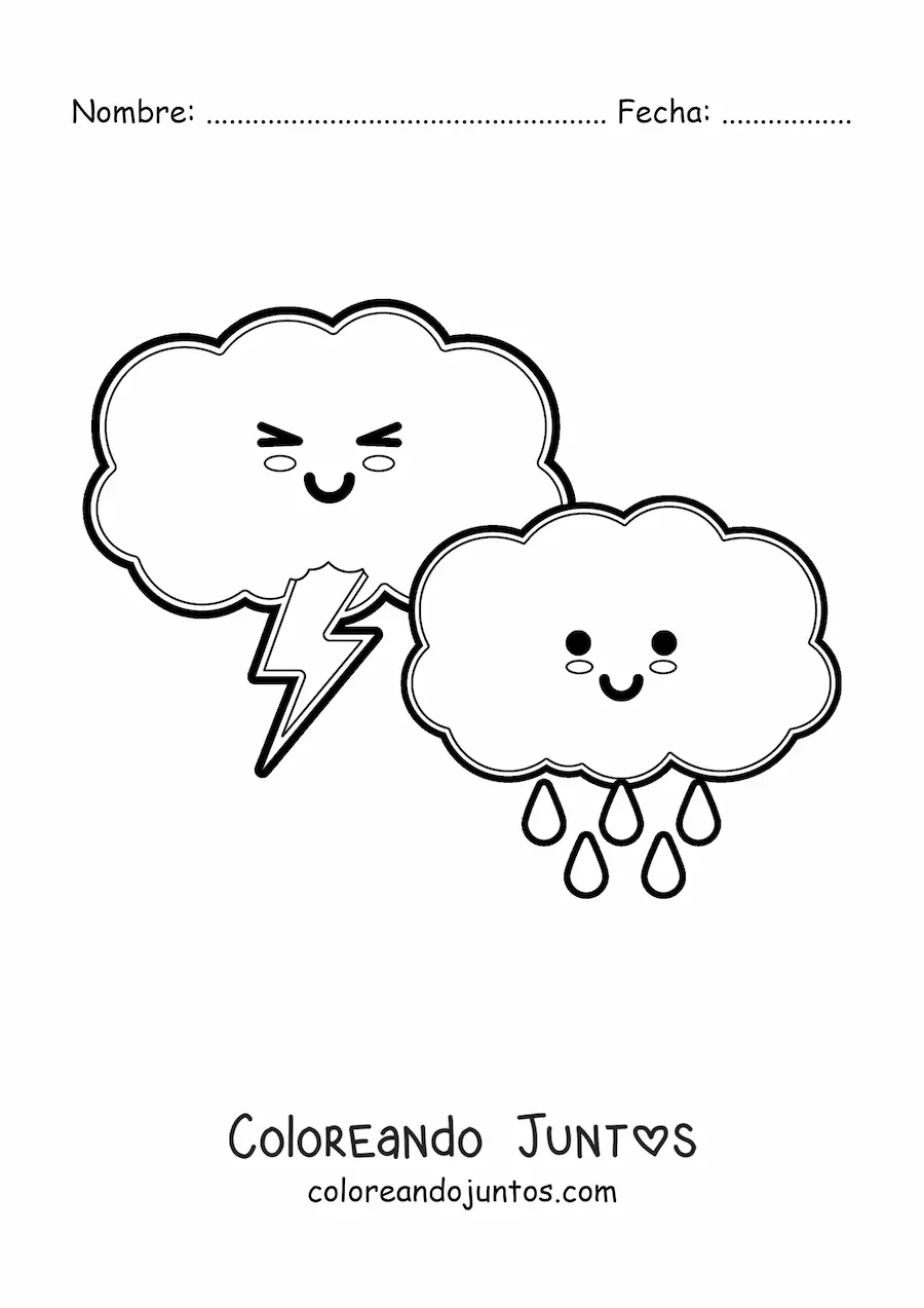 Imagen para colorear de nubes de lluvia y tormenta kawaii animadas