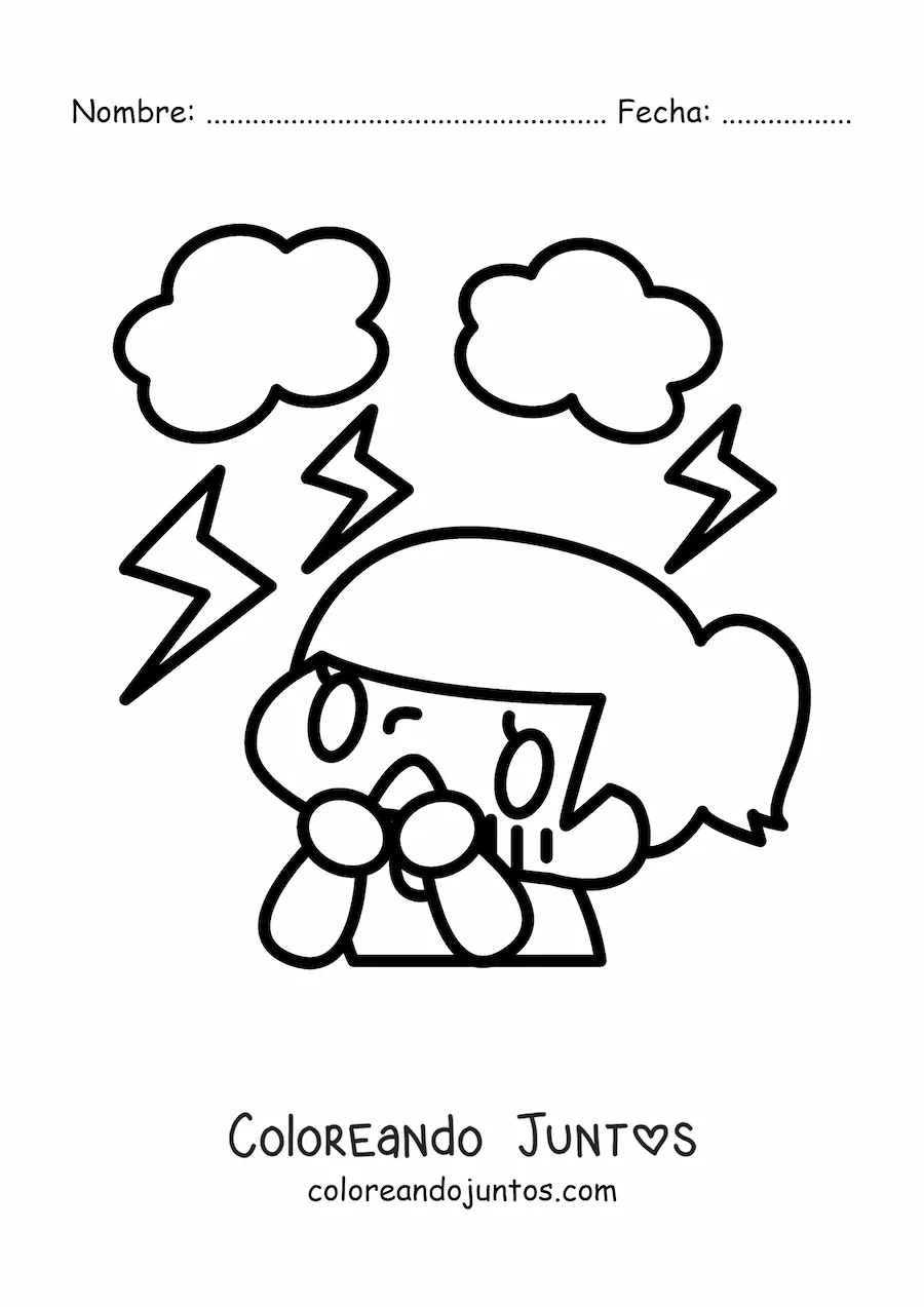 Imagen para colorear de niña asustada por una tormenta