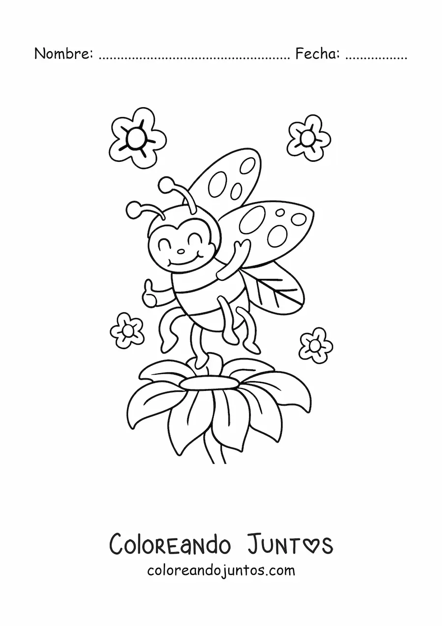 Imagen para colorear de mariquita kawaii y flores