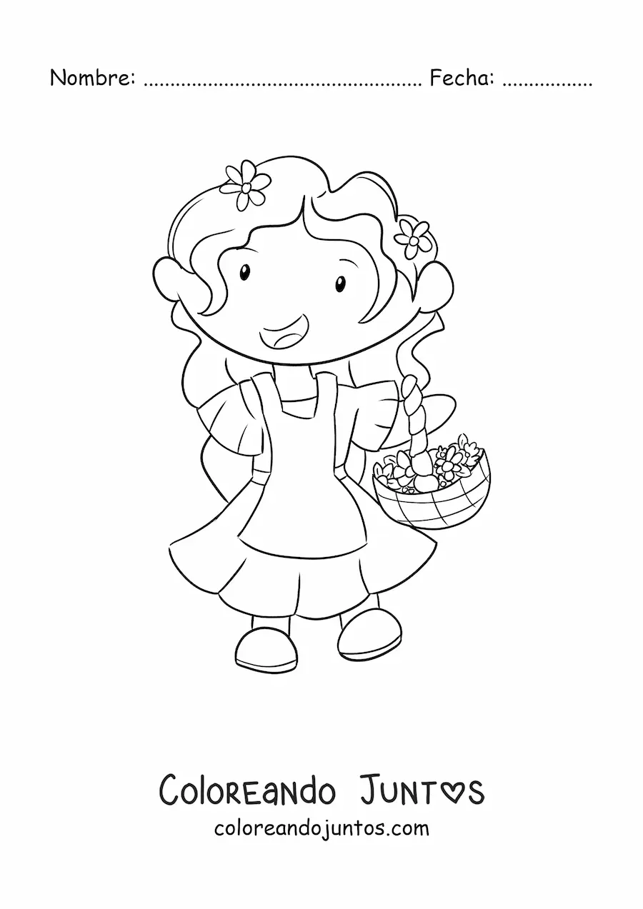 Imagen para colorear de niña kawaii con flores de primavera