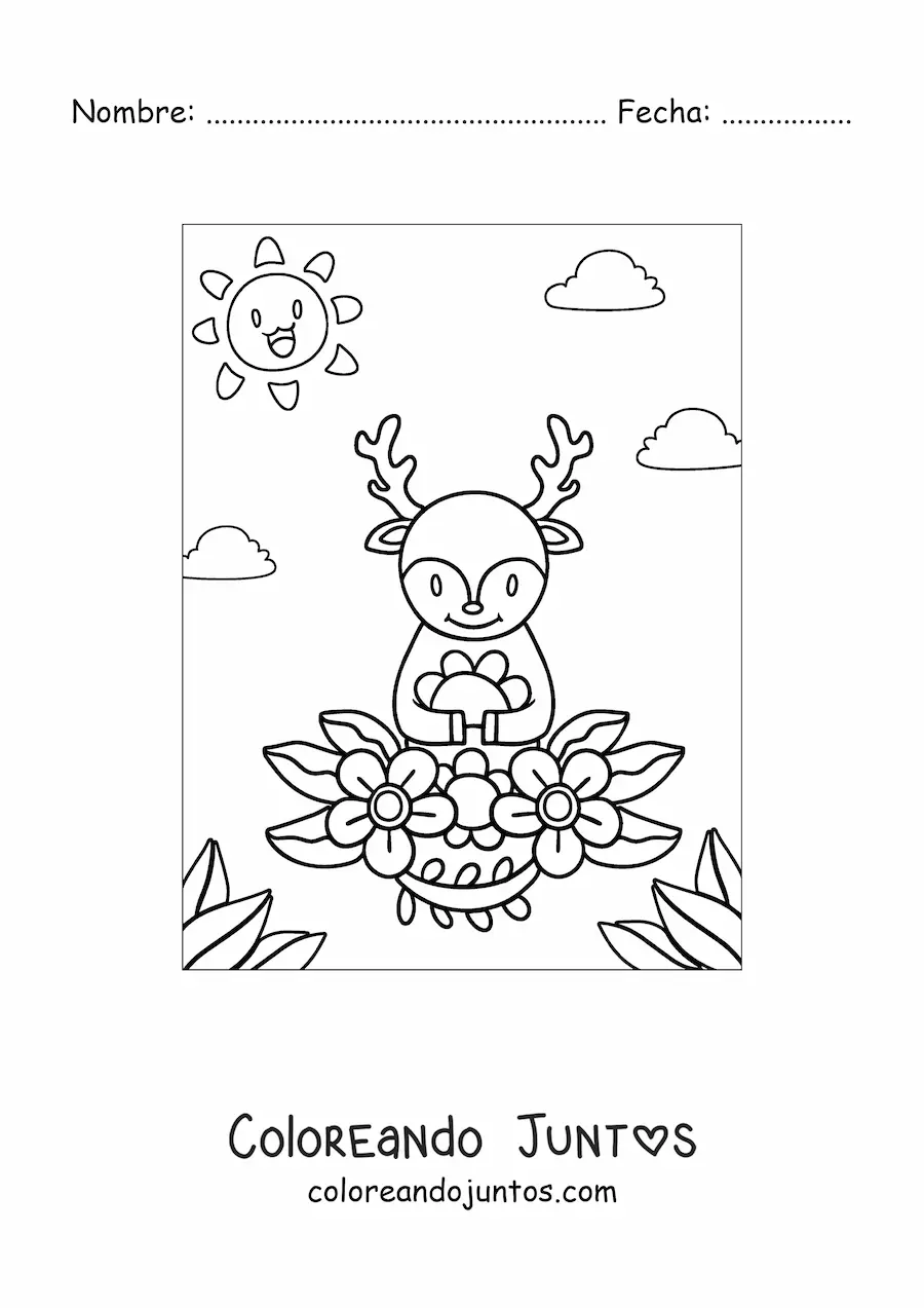 Imagen para colorear de ciervo kawaii en primavera