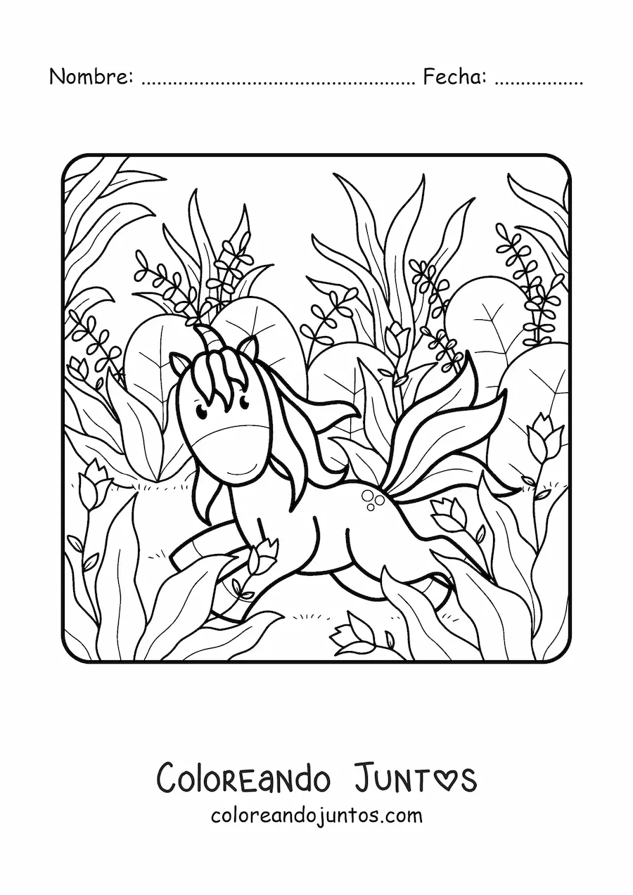 Imagen para colorear de unicornio animado en el campo