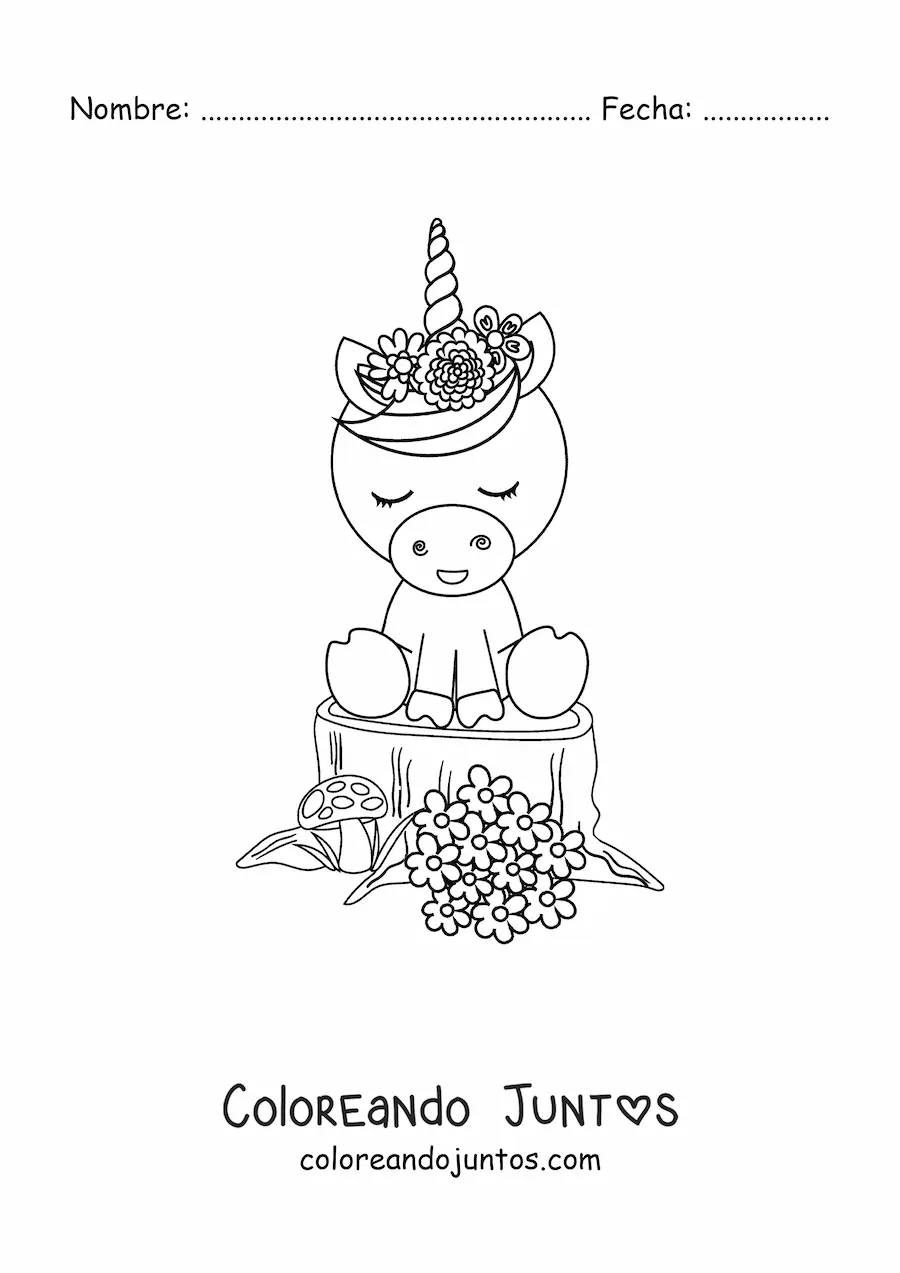 Imagen para colorear de unicornio kawaii con flores de primavera
