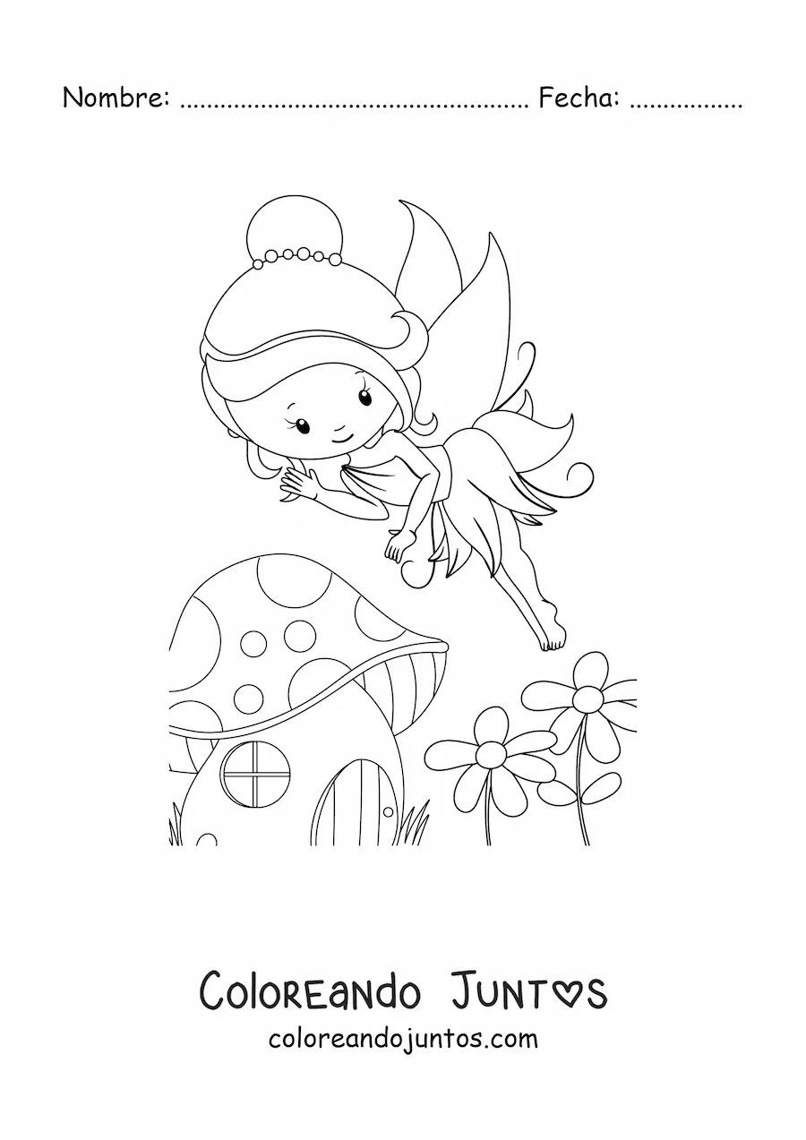 Imagen para colorear de hada kawaii volando en primavera