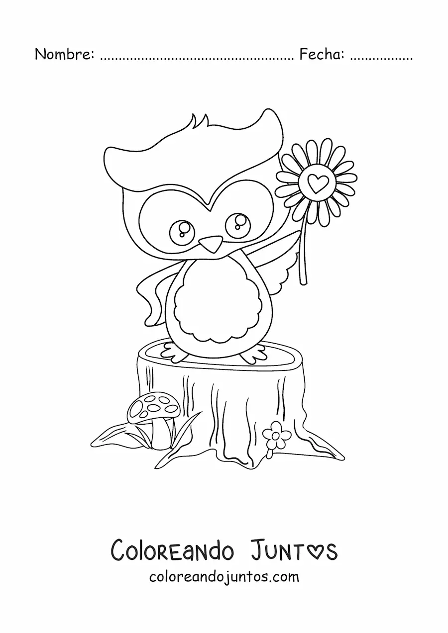 Imagen para colorear de búho kawaii en primavera