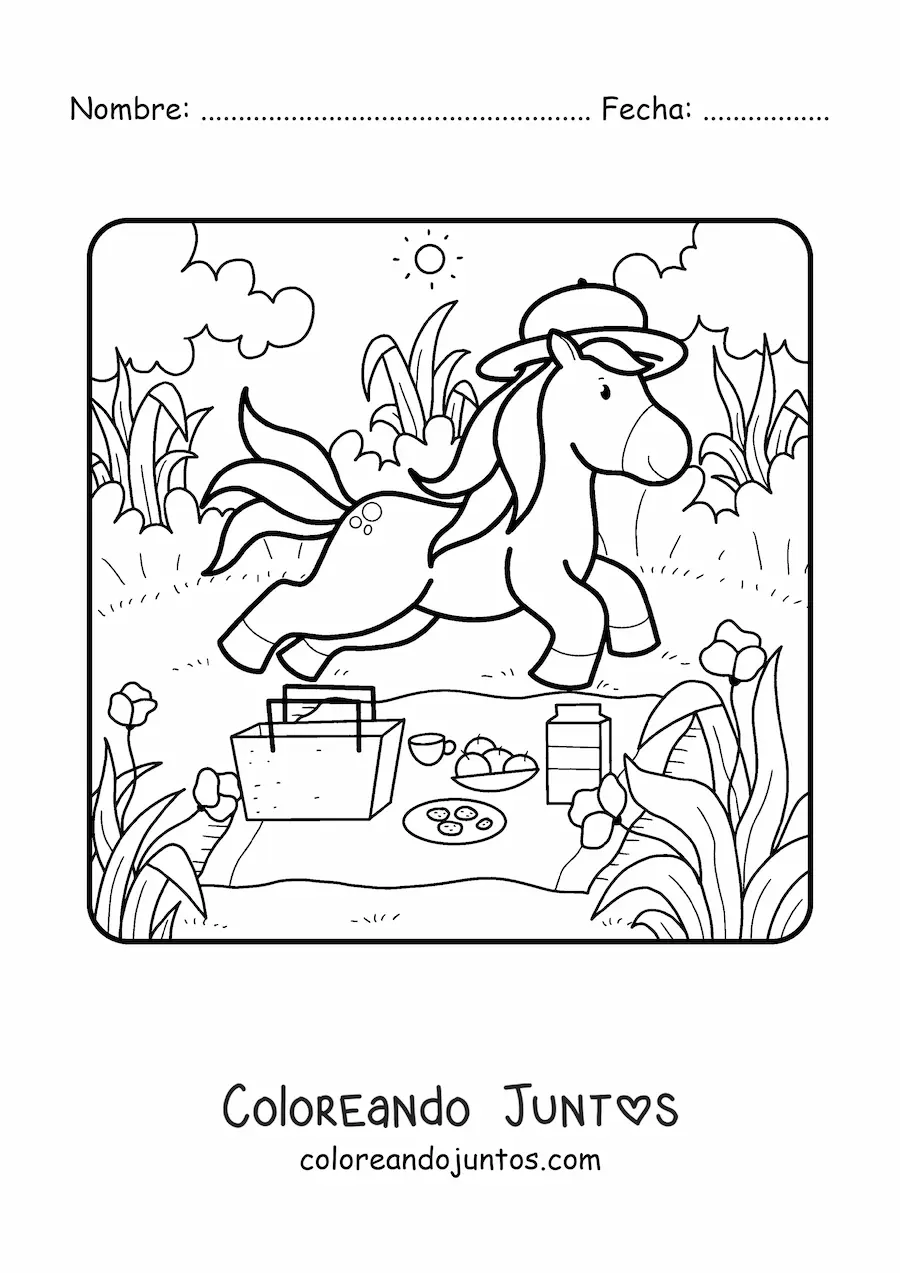 Imagen para colorear de unicornio animado en picnic de verano