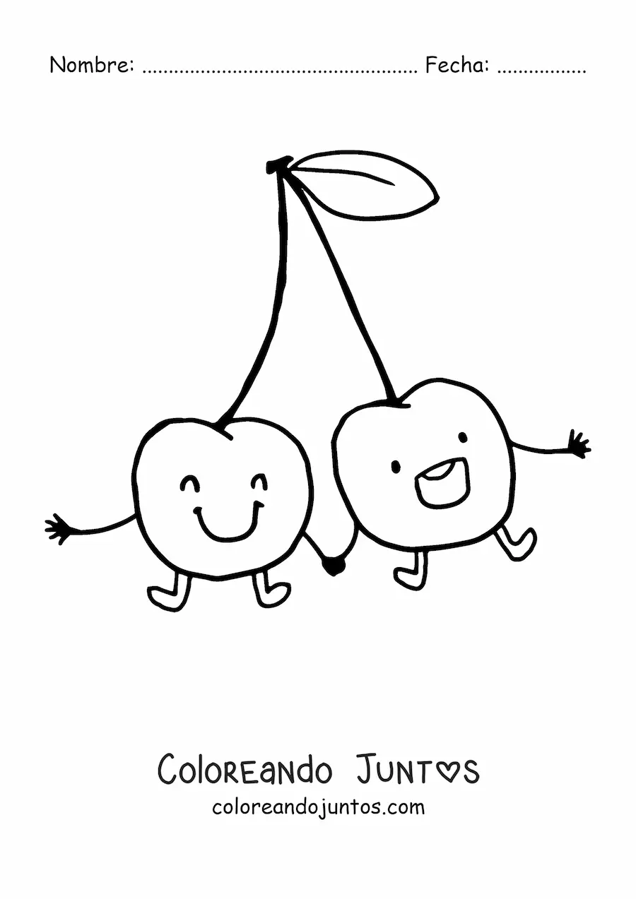 Imagen para colorear de dos cerezas kawaiis agarrándose de las manos