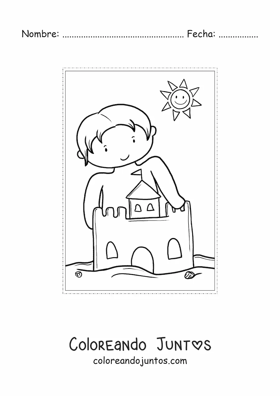 Imagen para colorear de niño kawaii con castillo de arena en verano