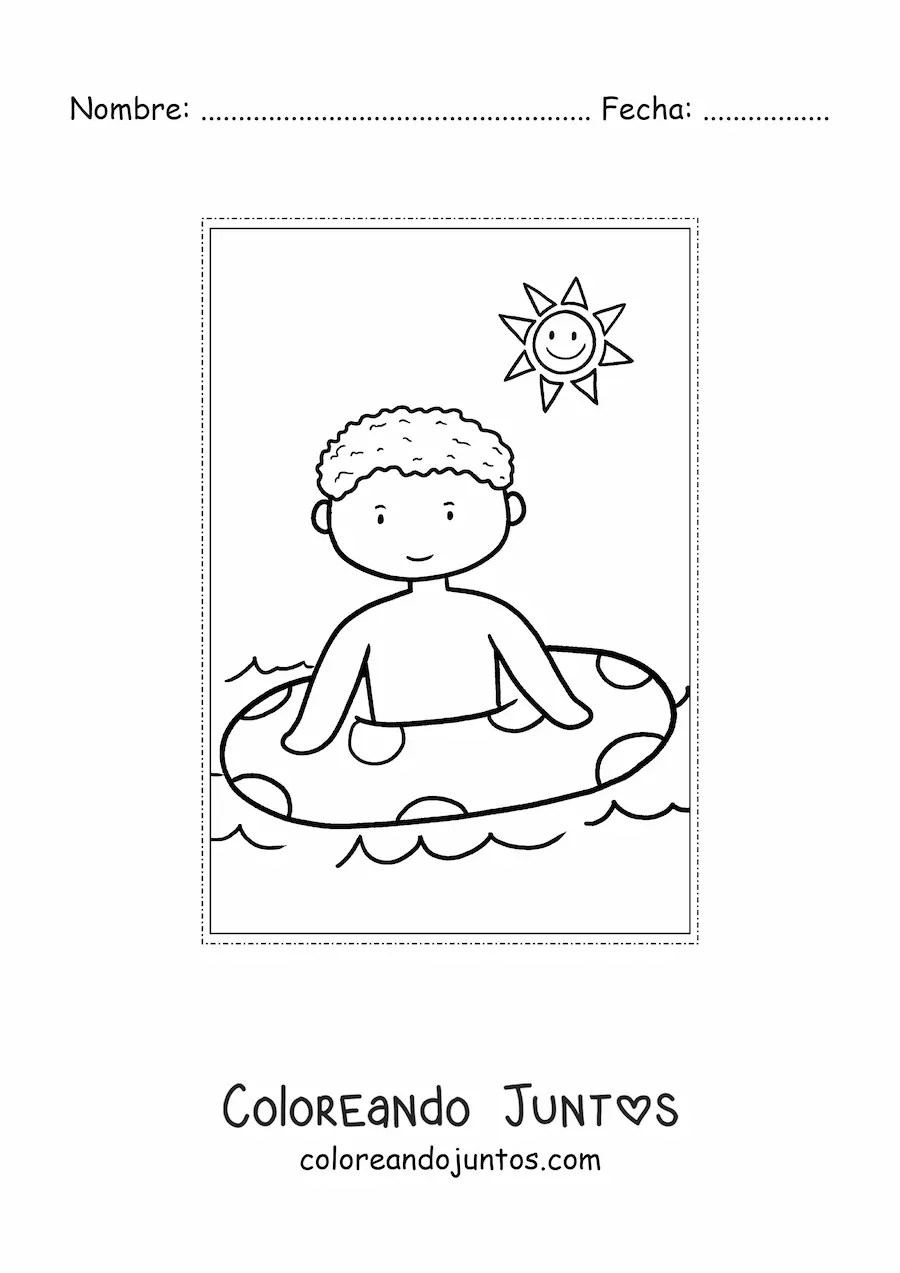 Imagen para colorear de niño kawaii en el mar en verano