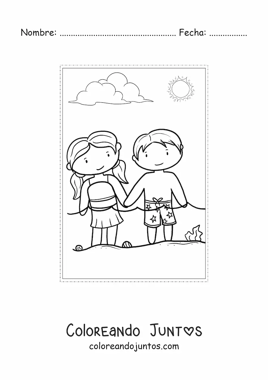 Imagen para colorear de niños kawaii en verano