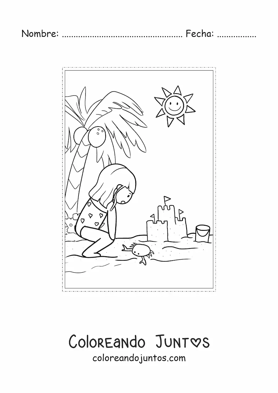 Imagen para colorear de niña kawaii de vacaciones de verano