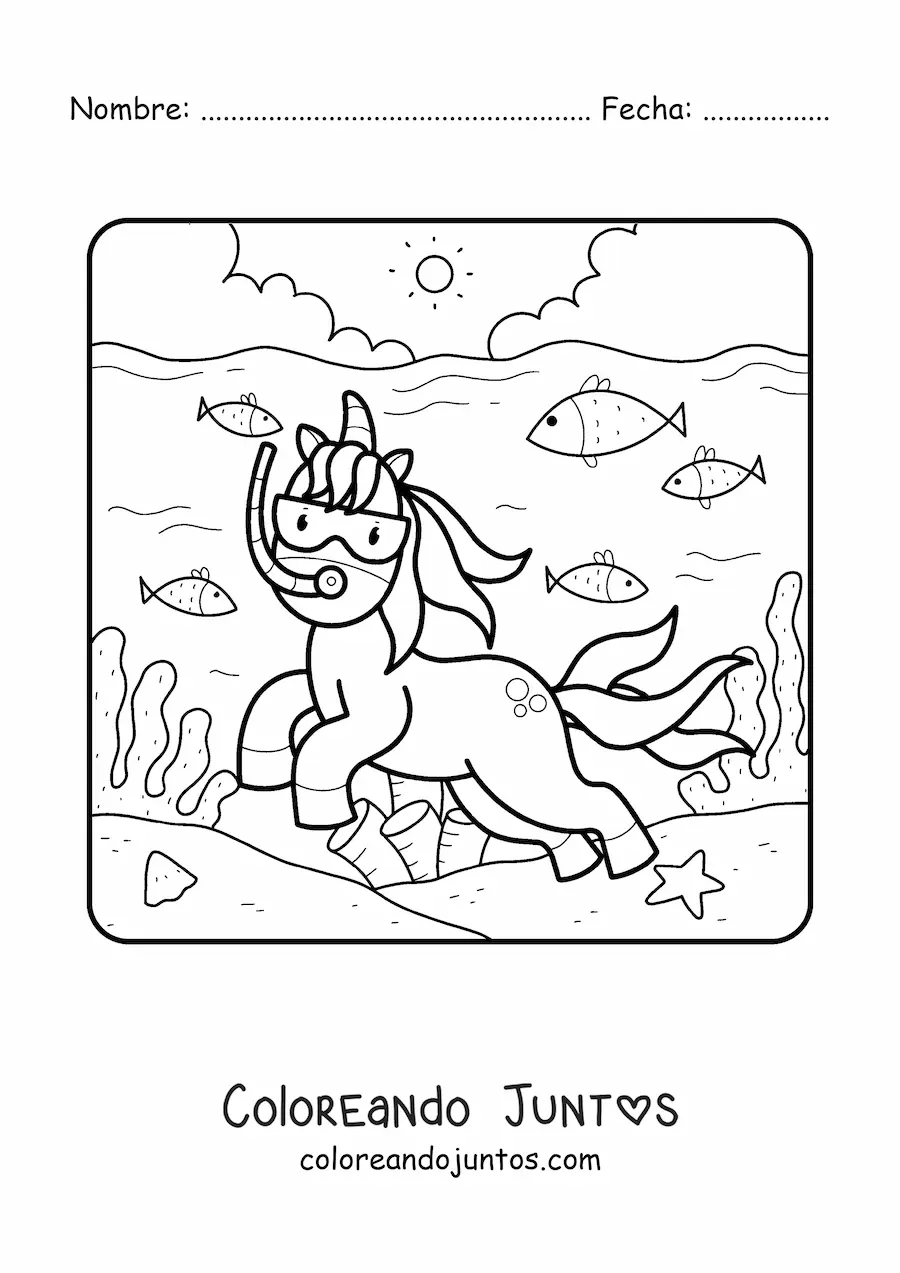 Imagen para colorear de unicornio nadando en el mar