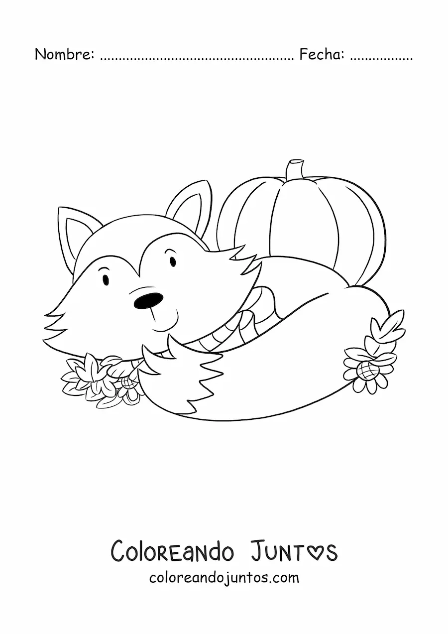 Imagen para colorear de zorro kawaii con hojas de otoño