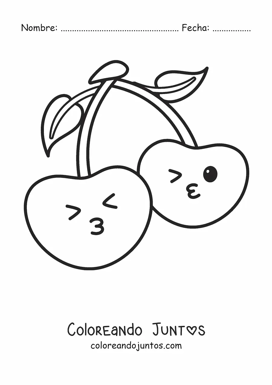 Imagen para colorear de dos cerezas kawaiis lanzando besos