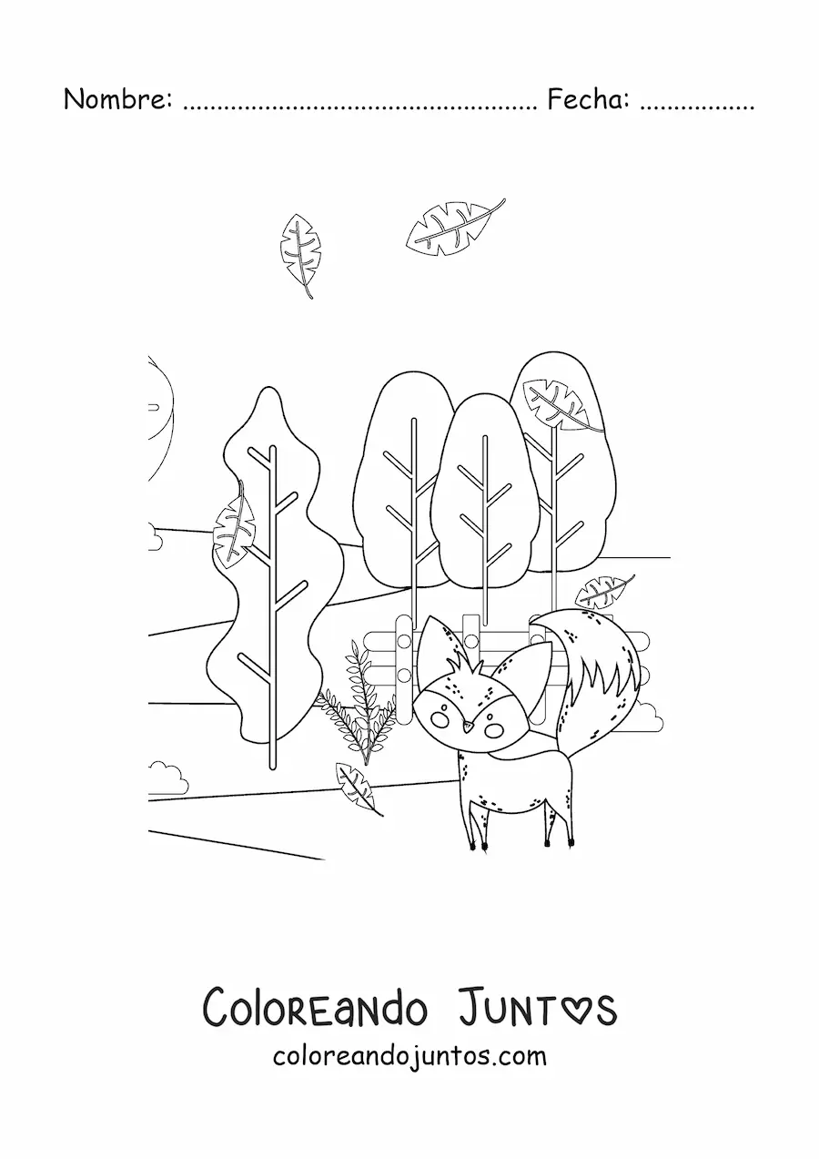 Imagen para colorear de zorro y paisaje de otoño