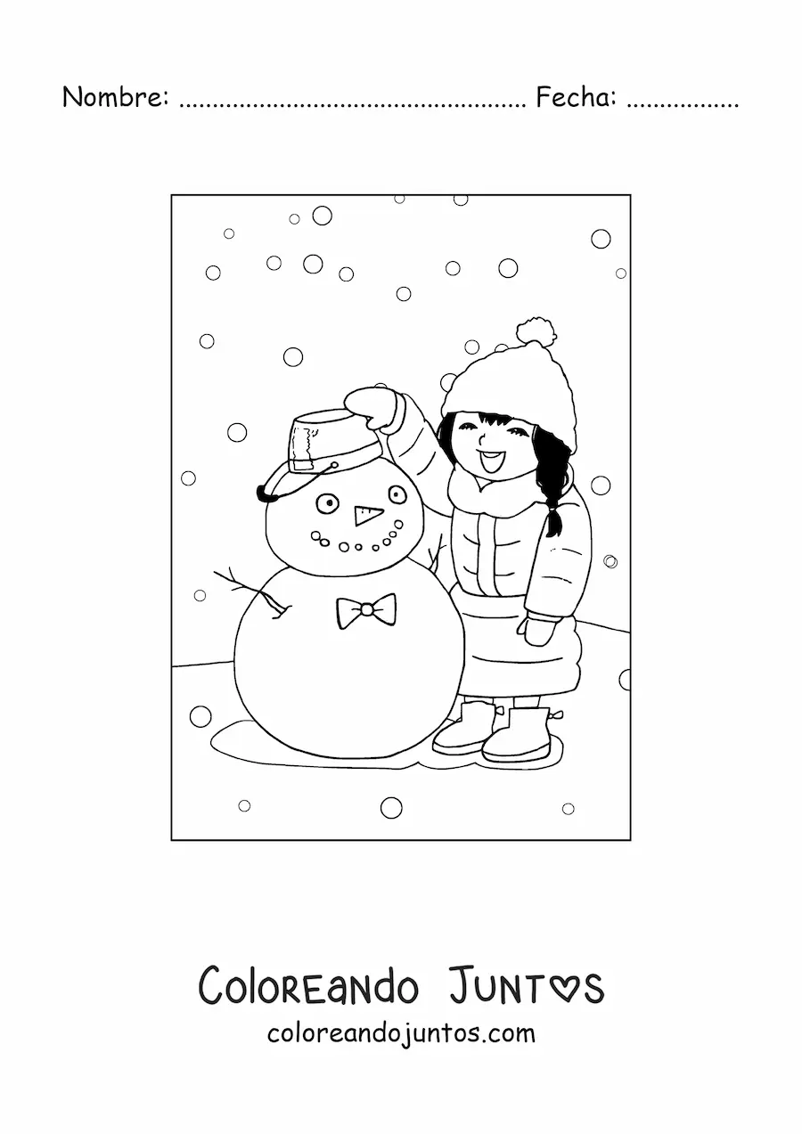 Imagen para colorear de niña kawaii en invierno con muñeco de nieve