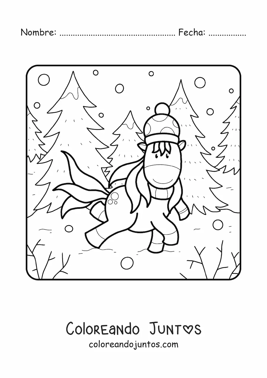 Imagen para colorear de unicornio en bosque de invierno