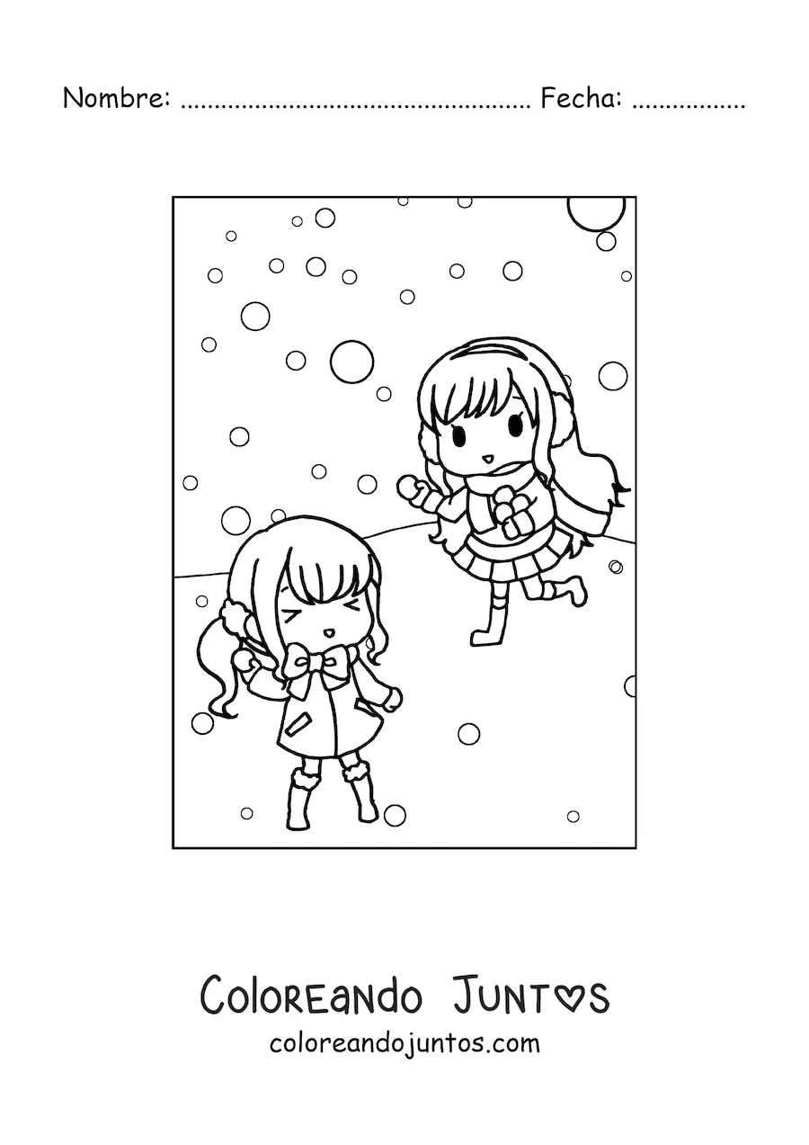 Imagen para colorear de niñas kawaii en invierno