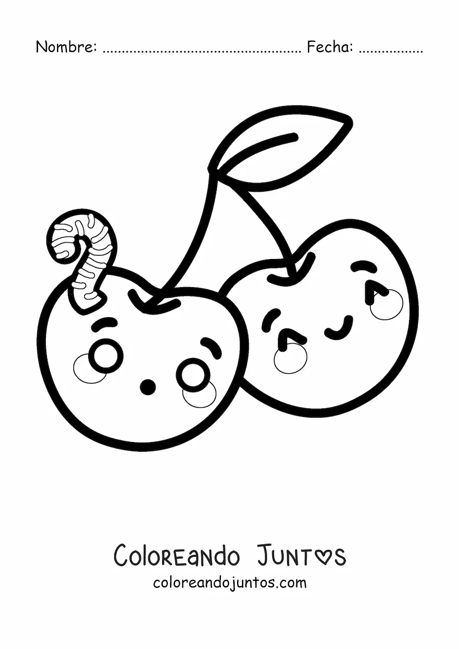 Imagen para colorear de dos cerezas kawaii con gusano