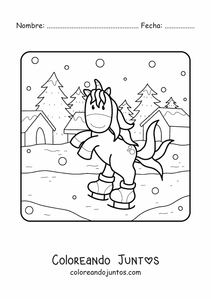 Imagen para colorear de unicornio patinando sobre hielo en invierno