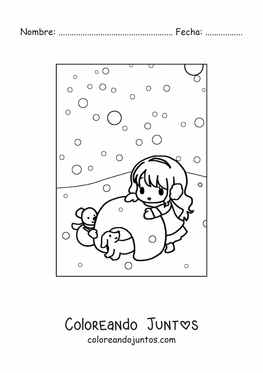 Imagen para colorear de niña kawaii con iglú