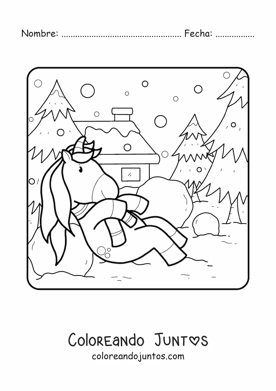 Imagen para colorear de unicornio jugando en la nieve