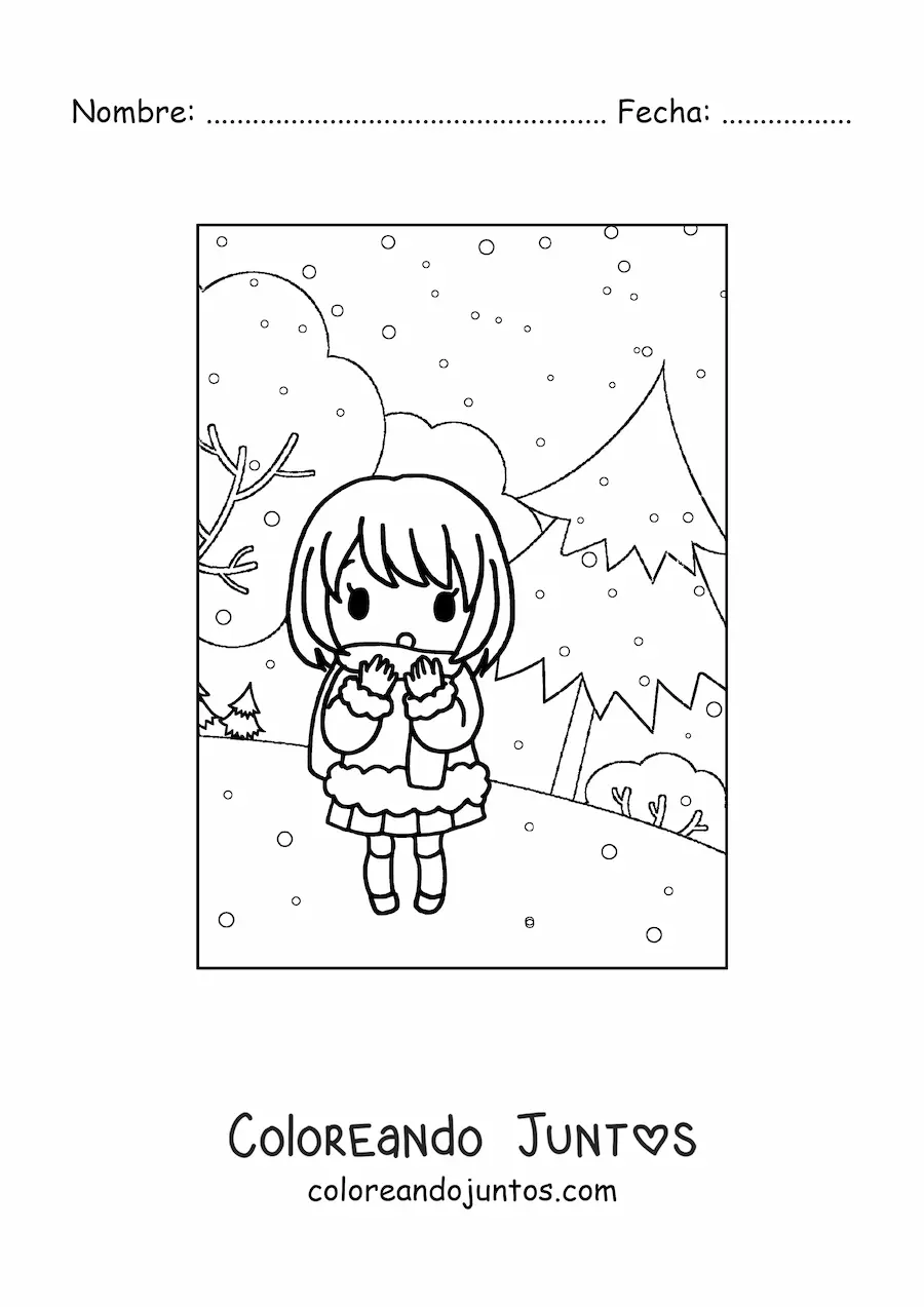 Imagen para colorear de niña kawaii en invierno